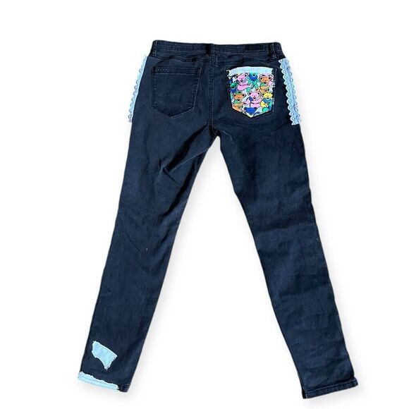 Upcycled Skinny Jeans Dark Wash Reworked Grunge Concert Grateful Dead Bears 28 - Picture 11 of 13